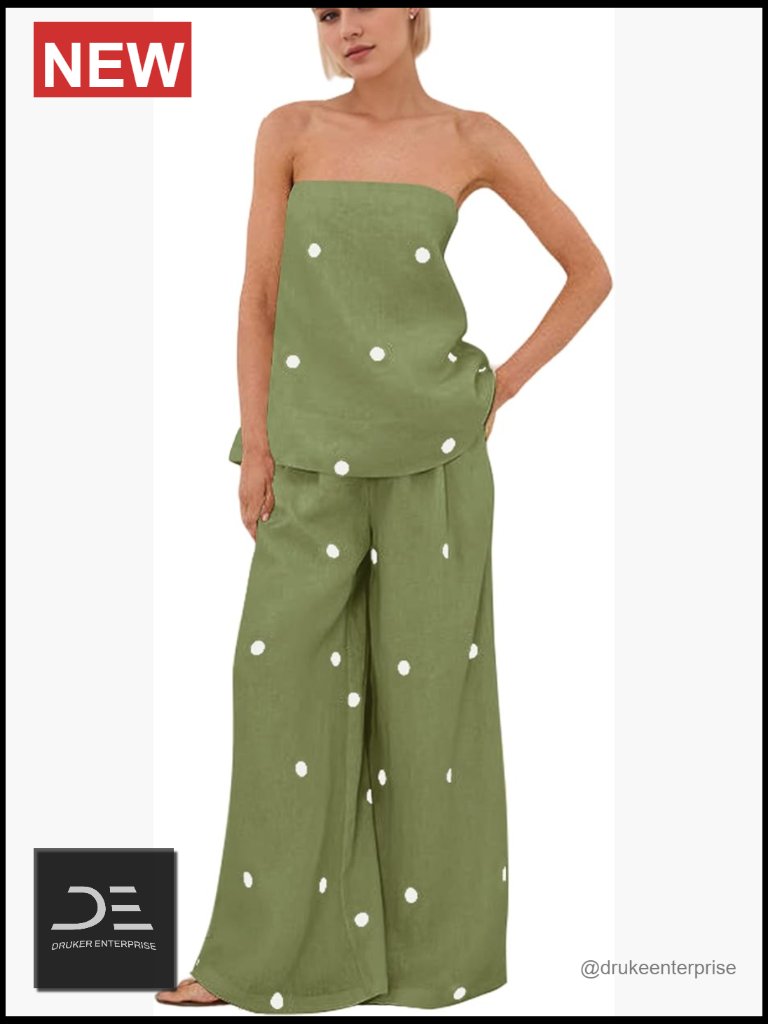 Polka Dot Strapless Tube Top Wide Leg Pants Lounge Set